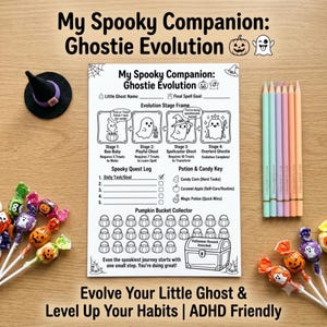 Puede incluir: Una hoja de actividades de papel blanco titulada My Spooky Companion: Ghostie Evolution con arte lineal negro, que presenta un gráfico de evolución de fantasmas de cuatro etapas, un registro de misiones, una clave de dulces y cubos de calabaza.