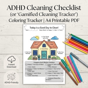 May include: An ADHD cleaning checklist printable PDF featuring a house illustration with numbered sections for coloring. The page includes a Category Hunt Mission Checklist, a Dopamine Reward Box, and text reading Today is a Good Day to Clean.