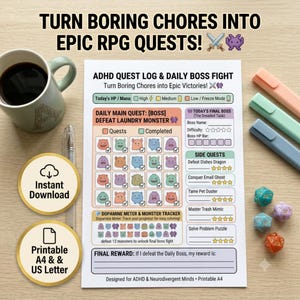 Può includere: Un registro delle missioni ADHD e un pianificatore di combattimenti contro i boss giornalieri stampato con icone di mostri colorate, caselle di controllo e sezioni per le attività. La pagina include testo come ADHD QUEST LOG & DAILY BOSS FIGHT e Turn Boring Chores into Epic Victories.
