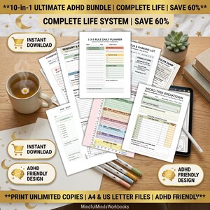 Paquete completo del sistema de vida para el TDAH, planificador neurodivergente imprimible, cuaderno de ejercicios de funciones ejecutivas en PDF.