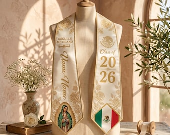 Mexican Graduation Stole 2026 Personalized – Virgen de Guadalupe Sash, Orgullo Mexicano, Custom Name, Hispanic Graduation Gift