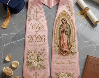 Personalized Virgen de Guadalupe Graduation Stole, Custom Catholic Class of 2026 Sash, Mexican Grad Gift, Cross Floral Senior Stole