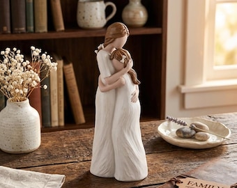 Estatua de madera tallada a mano de madre e hija abrazándose, figura rústica de sauce para el Día de la Madre, recuerdo familiar sentimental, abrazo hecho a mano.