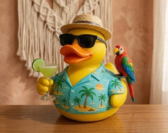 Handmade Tropical Rubber Duck – Vacation Vibes, Aloha Shirt, Panama Hat, Sunglasses, Green Cocktail, Scarlet Macaw Parrot - Unique Home Deco