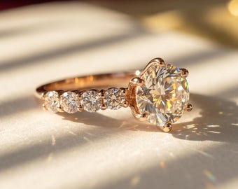 Bague de fiançailles ronde de 2 carats, pavé de diamants cultivés en laboratoire, alliance 6 griffes, bague de promesse d'anniversaire solitaire vintage