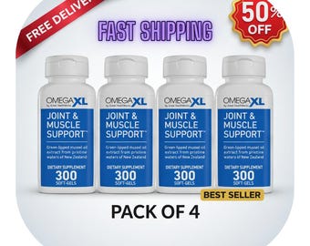 May include: Four white supplement bottles with blue labels, labeled "Joint & Muscle Support" and "300 Soft-Gels." The bottles are part of a "Pack of 4" and are marked as a "Best Seller." The image also includes text that says "Fast Shipping" and "50% Off."