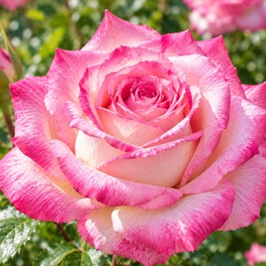 May include: A fully bloomed rose featuring layered petals that transition from a creamy white center to vibrant pink edges. The flower displays a symmetrical spiral pattern in the middle, with a smaller, unopened rosebud visible on the left side.