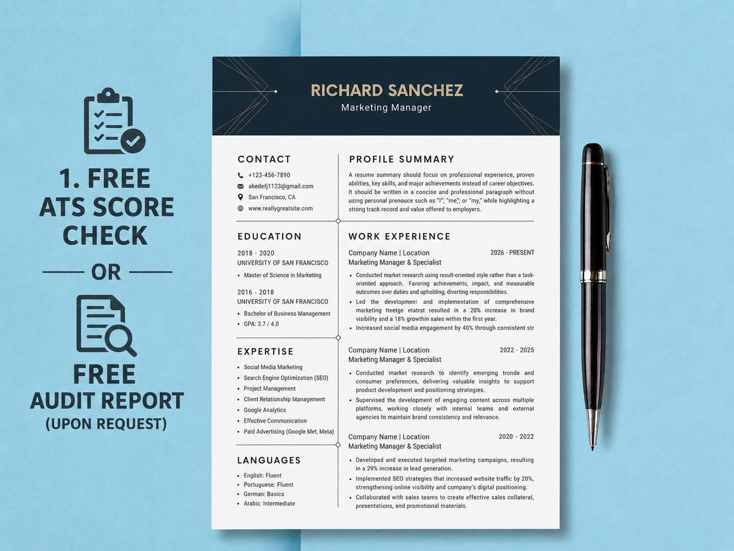 ATS Friendly Resume Template, Modern Professional CV Word Canva ...