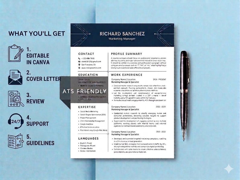 ATS Friendly Resume Template, Modern Professional CV Word Canva ...