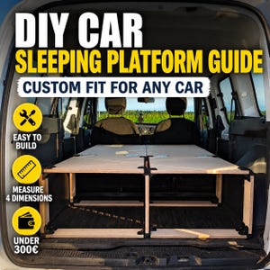 May include: A DIY car sleeping platform guide is shown inside a vehicle. The text reads "DIY CAR SLEEPING PLATFORM GUIDE CUSTOM FIT FOR ANY CAR." The platform is made of light-colored wood. The image also includes icons and text that say "EASY TO BUILD" and "MEASURE 4 DIMENSIONS."