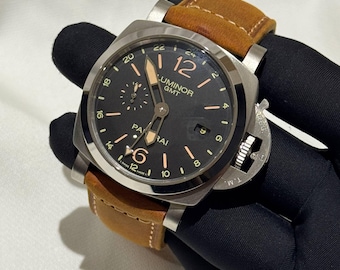 Vintage Panerai GMT Automatic Watch, 44MM Stainless Steel Black Dial Brown Leather Strap Men's Wrist Watch