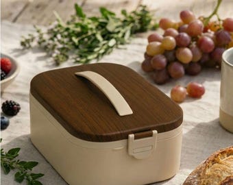Fiambrera Bento a prueba de fugas, compartimento de acero inoxidable, recipiente con aspecto de madera, 650 ml.