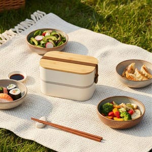 May include: A white and bamboo bento box with a brown strap, surrounded by small bowls of food, including sushi, dumplings, and salad. Chopsticks are placed in front of the bento box on a white blanket, with a green grass background.