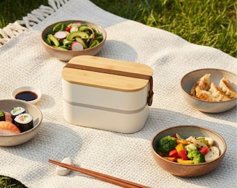 Fiambrera de bambú con correa, caja bento de acero inoxidable, recipiente para alimentos a prueba de fugas, fiambrera ecológica