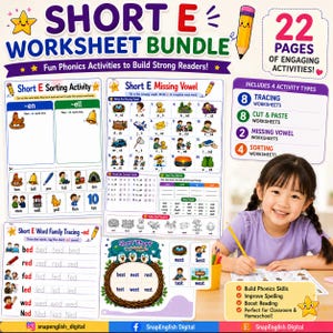 May include: A digital educational bundle titled Short E Worksheet Bundle featuring 22 pages of phonics activities. The worksheets include sorting, missing vowel, and tracing exercises with colorful illustrations of words like hen, bell, and nest.