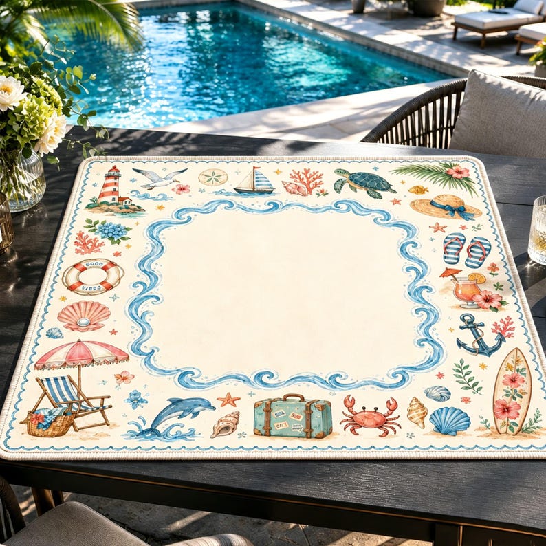 May include: A square table mat featuring a cream-colored center framed by a blue wave border. The border displays illustrations of a lighthouse, sailboat, sea turtle, surfboard, lifebuoy with text Good Vibes, suitcase, crab, dolphin, and beach gear.