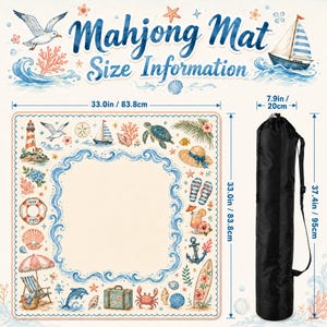 May include: A square mahjong mat with a nautical theme featuring illustrations of a lighthouse, sailboat, turtle, and crab. The mat measures 33.0 inches by 33.0 inches. A black cylindrical carrying bag with a shoulder strap is included, measuring 37.4 inches by 7.9 inches.