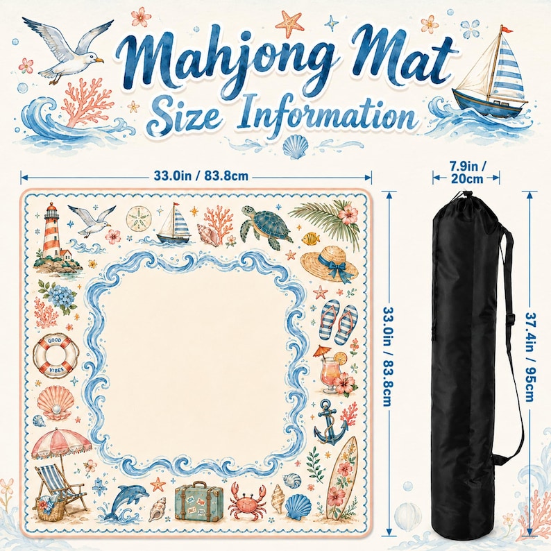May include: A square mahjong mat with a nautical theme featuring illustrations of a lighthouse, sailboat, turtle, and crab. The mat measures 33.0 inches by 33.0 inches. A black cylindrical carrying bag with a shoulder strap is included, measuring 37.4 inches by 7.9 inches.