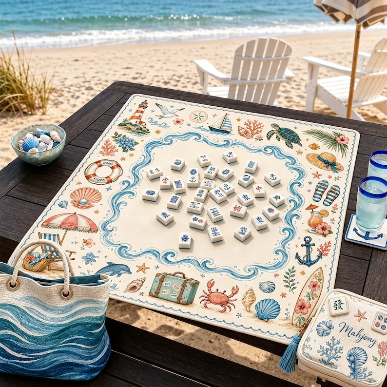 May include: A square mahjong mat featuring a cream-colored center with scattered white tiles, surrounded by a blue wave border and illustrations of a lighthouse, sailboat, sea turtle, crab, seashells, beach umbrella, and a suitcase on a dark table.