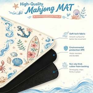 May include: A Mahjong mat featuring a cream background with blue nautical illustrations of anchors, waves, seashells, and a surfboard with hibiscus flowers. The mat has three layers: a soft tech fabric top, an XPE middle, and a black rubber foam base.