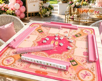 Bubbly Pink Mahjong Matte, Champagner Schleife Mahjong Tischmatte, Preppy Amerikanisches Mahjong Geschenk, rutschfeste Spielabdeckung
