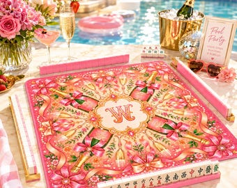 Champagne Party  Mahjong Mat, Personalized Pink American Mahjong Table Mat with Initial, Non Slip Game Night Mat