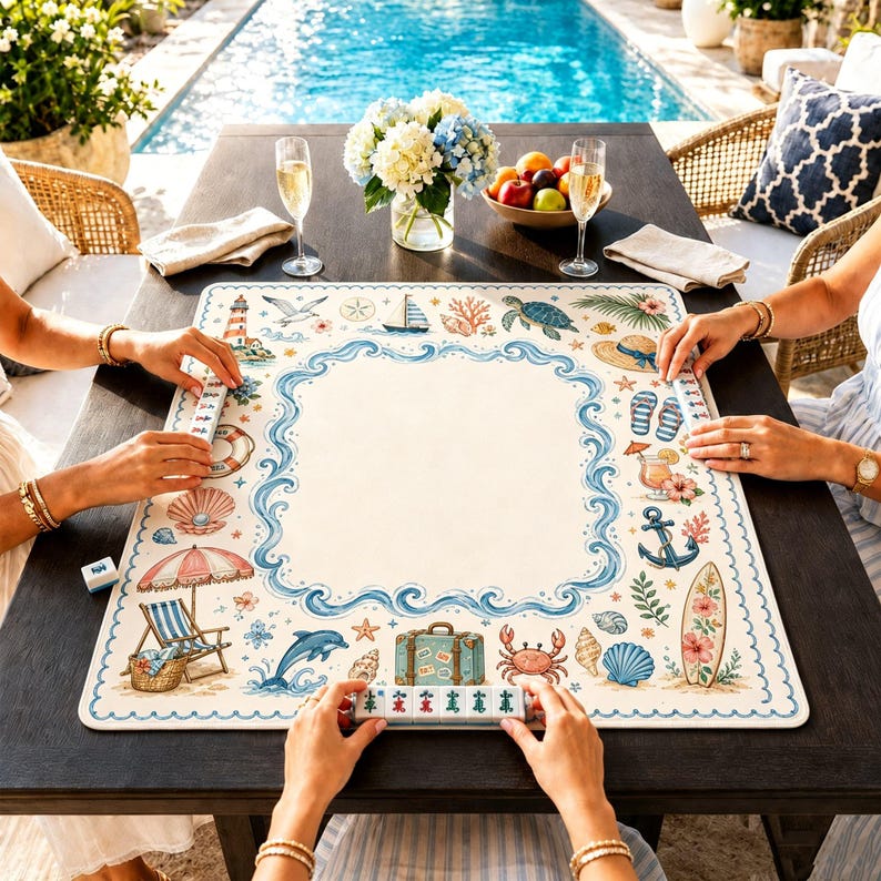 May include: A rectangular mahjong mat featuring a cream-colored center bordered by blue wave patterns and various coastal illustrations including a lighthouse, sailboat, sea turtle, anchor, surfboard, crab, dolphin, and beach accessories.