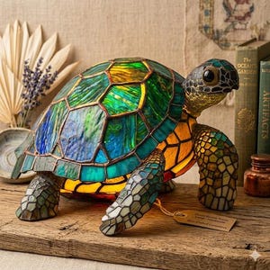 May include: A stained glass turtle lamp with a mosaic shell in shades of green, blue, and yellow. The lamp has a detailed head and legs, and sits on a wooden surface. The lamp is handmade and crafted with care.