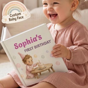 Puede incluir: Un libro infantil personalizado con el texto "Sophia's FIRST BIRTHDAY" en morado. La ilustración de la portada presenta a un bebé con una tarta de cumpleaños. El libro lo sostiene un niño sonriente con un vestido rosa. Un arcoíris con "Custom Baby Face" está en el fondo.
