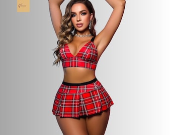 Red Plaid Lingerie Women Sexy Schoolgirl Outfit Crop Top Pleated Mini Skirt Cosplay Nightwear