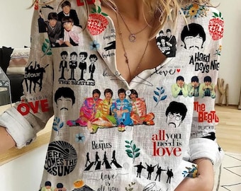 Chemise décontractée pour femme imprimée en 3D The Beatles, Chemise décontractée boutonnée à manches longues The Beatles, Chemisiers pour femme, Chemise en lin pour femme