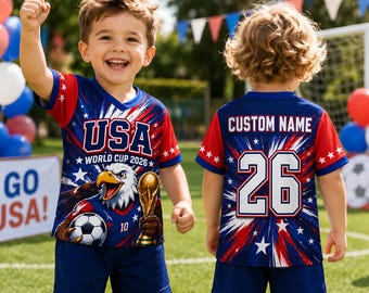Custom Toddler USA Soccer Jersey 2T-4T, Personalized Eagle 3D Soccer Shirt, 2026 World Soccer Cup Tee, Name Number Birthday Gift for Kids