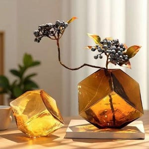 Jarrón geométrico de cristal color ámbar, maceta hidropónica, jarrón cúbico moderno, jarrón decorativo de cristal para flores, jarrón minimalista para la decoración del hogar.