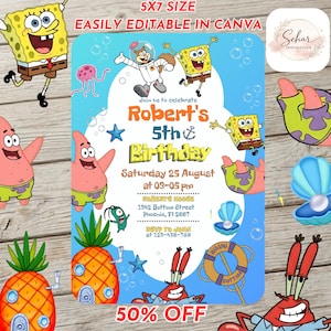 Op de afbeelding: Een blauw-witte verjaardagsuitnodiging met SpongeBob SquarePants-personages. De uitnodiging bevat de tekst "Robert's 5e verjaardag" en evenementdetails. Het ontwerp bevat ook een 50% kortingsactie.