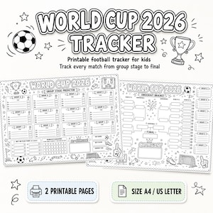 May include: A black and white printable World Cup 2026 tracker set featuring two pages. One page includes a group stage predictor and the other a knockout bracket. Both sheets contain soccer-themed illustrations like balls, trophies, and cleats.