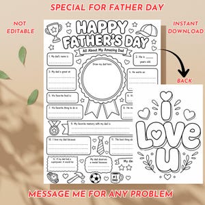 Puede incluir: Una hoja de actividades imprimible en blanco y negro para el Día del Padre con el texto Happy Father's Day y All About My Amazing Dad, espacios para escribir, un área para dibujar e ilustraciones de trofeo, corbata, medalla, martillo y taza. Incluye una página trasera con el texto I Love U.