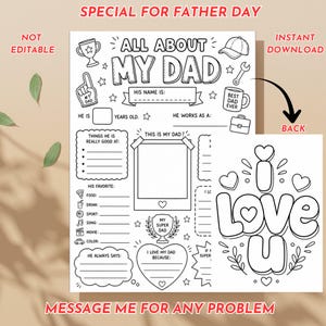 Op de afbeelding: Een zwart-wit printbaar Vaderdag-activiteitenblad met de tekst All About My Dad, invulvelden voor persoonlijke gegevens, een fotokader en diverse iconen zoals een trofee, mok en moersleutel, plus een aparte pagina met de tekst I Love U.