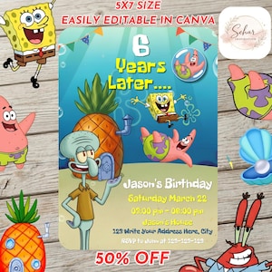 Op de afbeelding: Een kleurrijke verjaardagsuitnodiging met SpongeBob SquarePants-personages. Het ontwerp bevat een ananas huis, Octo Tentakel, Patrick Ster en SpongeBob. De tekst luidt "6 Years Later" en "Jason's Birthday". De uitnodiging is 12,7 x 17,8 cm.