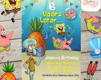 Sjabloon bewerkbare spons verjaardagsuitnodiging, onder de zee spons verjaardagsfeestje uitnodiging, cartoon feest sjabloon, kinderfeestje uitnodigen