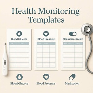 Può includere: Modelli di monitoraggio della salute con sezioni per la glicemia, la pressione sanguigna e il monitoraggio dei farmaci. Sono inclusi un termometro digitale e uno stetoscopio. I modelli hanno spazio per registrare data, ora e dosaggio.