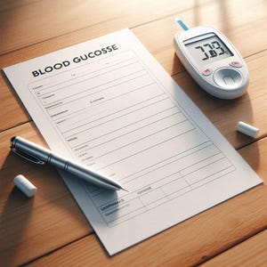Può includere: Una scena medica con un modulo bianco per il test della glicemia intitolato "BLOOD GUCOSSE", un misuratore digitale della glicemia che mostra "339", una penna d'argento e due pillole bianche, il tutto su una superficie di legno.