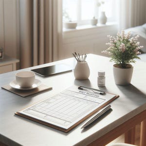 Op de afbeelding: Een serene werkruimte met een klembord met de tekst "DAILY ROUTINE", een pen, een kop en schotel, een tablet, een kleine vaas met potloden, een kleine plant en een pillenfles. De items zijn gerangschikt op een lichtgekleurde tafel.