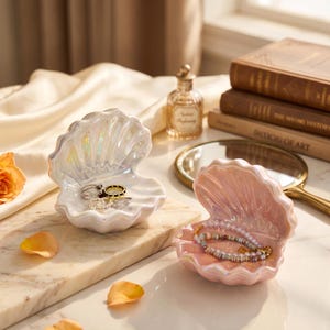 Shell Shaped Ceramic Jewelry Dish, Iridescent Ring Holder, Vanity Organizer, Perfect Gift For Her, Great Bridesmaid Gift