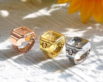 Personalized Vintage Ring Watch,Tiny Analog Finger Watch,Adjustable Stretch Band,Mini Functional Quartz Watch,Luxury Aesthetic Jewelry
