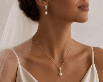 Parel bruidssieradenset, parelketting oorbellen set, minimalistische huwelijkssieraden, bruidsmeisje cadeau, sierlijke pareldruppelsieraden