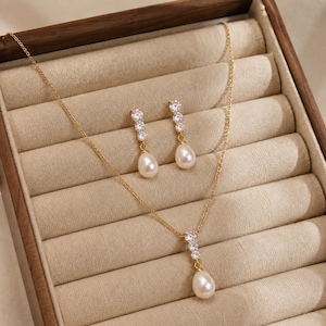 Parel bruidssieraden set zoetwaterparel ketting oorbellen set zirkoon parel drop sieraden minimalistische bruiloft sieraden bruidsmeisje cadeau voor haar Gold Set