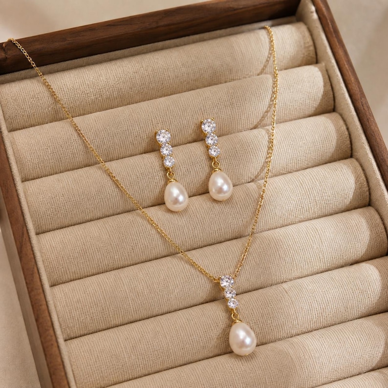 Parel bruidssieraden set zoetwaterparel ketting oorbellen set zirkoon parel drop sieraden minimalistische bruiloft sieraden bruidsmeisje cadeau voor haar Gold Set