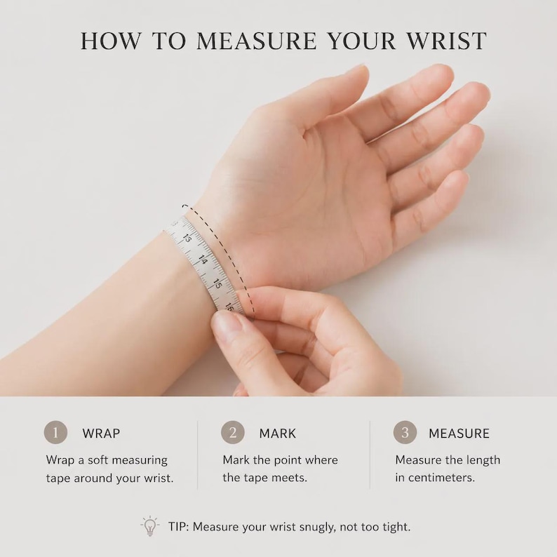 May include: An instructional graphic titled HOW TO MEASURE YOUR WRIST showing a white measuring tape wrapped around a wrist. Below are three steps: 1 WRAP, 2 MARK, 3 MEASURE, and a tip to measure your wrist snugly, not too tight.