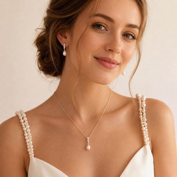 Pearl Bridal Jewelry Set Freshwater Pearl Necklace Earrings Set Zircon Pearl Drop Jewelry Minimalist Wedding Jewelry Bridesmaid Gift for Her