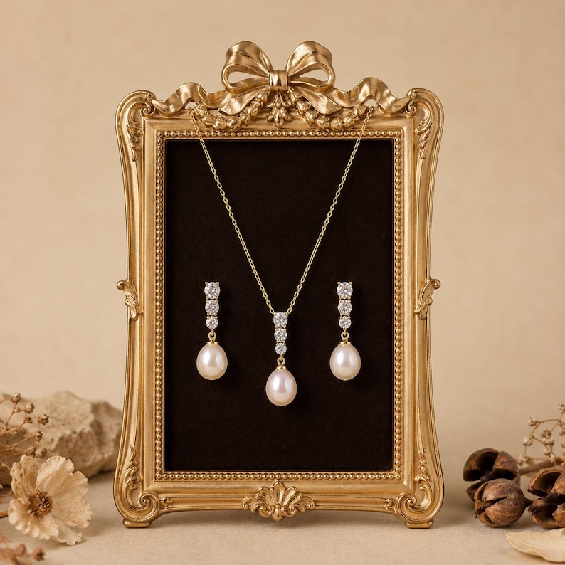 Parel bruidssieraden set zoetwaterparel ketting oorbellen set zirkoon parel drop sieraden minimalistische bruiloft sieraden bruidsmeisje cadeau voor haar afbeelding 4